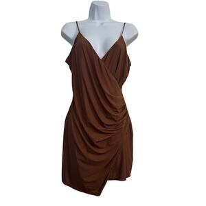 Urban Outfitters Lumiére Knit Mini Dress Women Size L Faux Wrap Ruched Brown NWT
